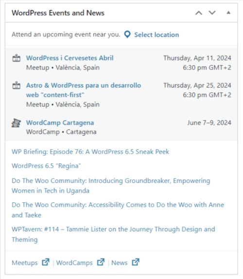 Dashboard WordPress Events